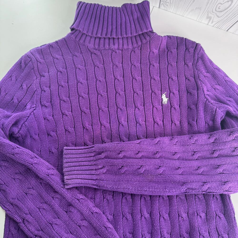 Vintage 90s Ralph Lauren Sport Purple Cable Knit Turtleneck Sweater Size L